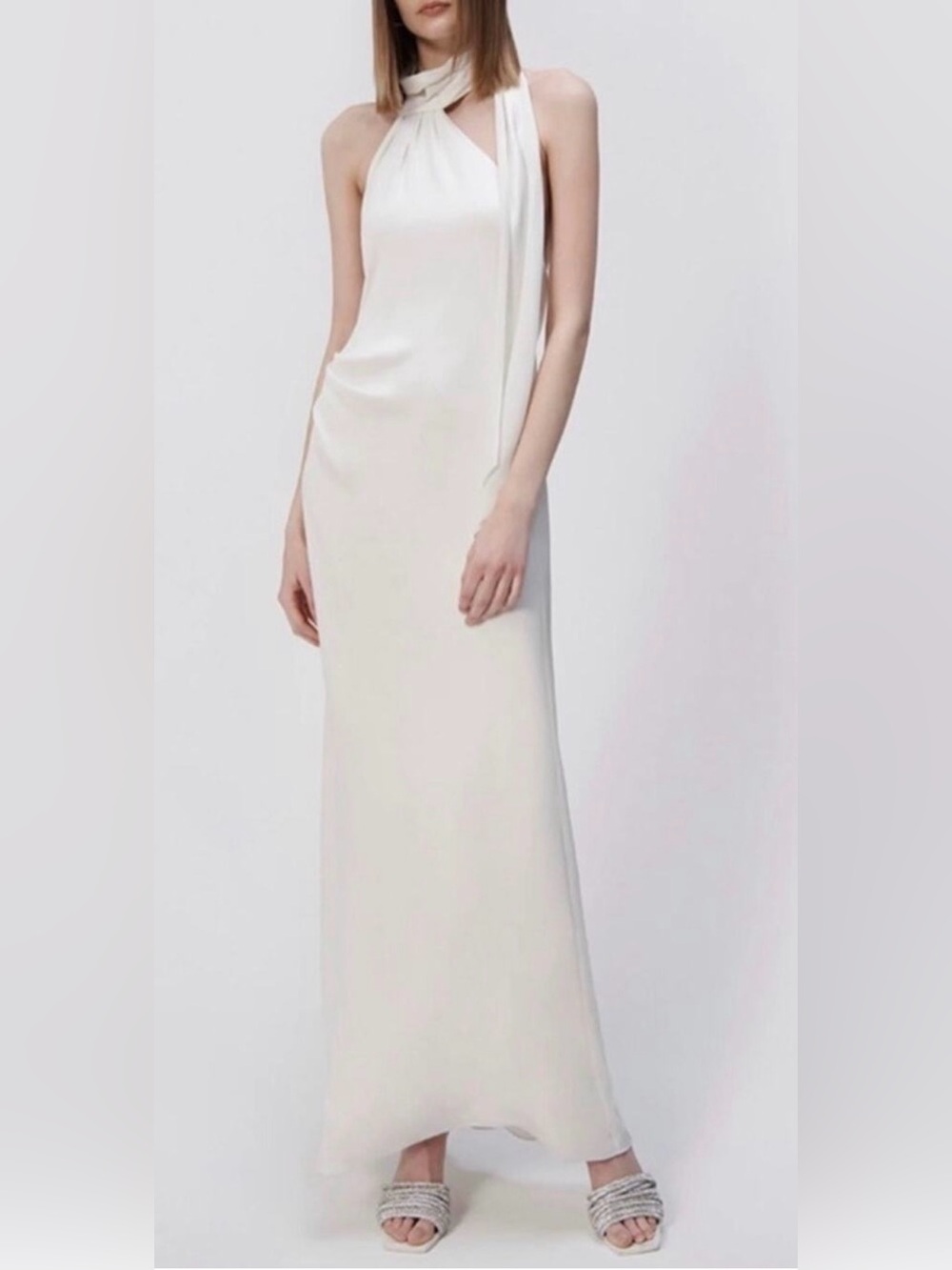 SIMKHAI Gown Vittoria Ivory Satin Maxi Dress Halter Neck Open Back New